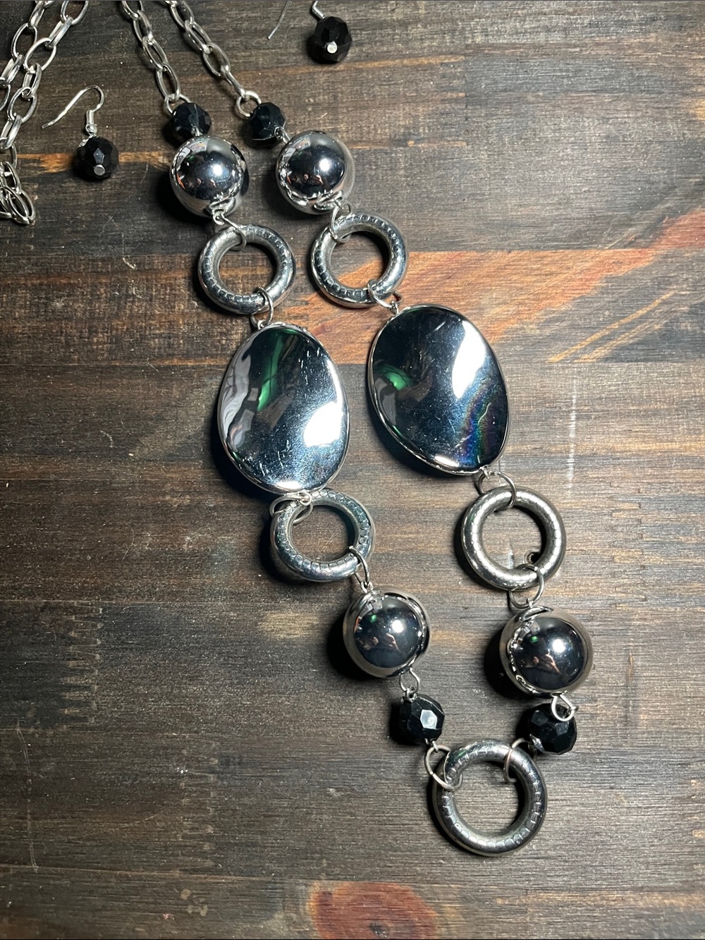 Silver-Tone Oval & Ring Statement Necklace with Black Bead Accents - Picture 3 of 3